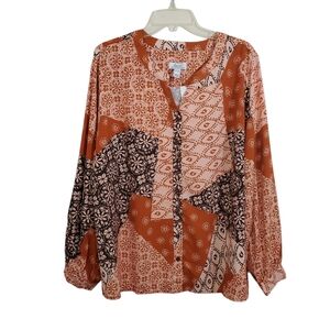 NWT D&Co Canyon Retreat Bohemian Boho Patchwork Button Front Blouse Size 1X